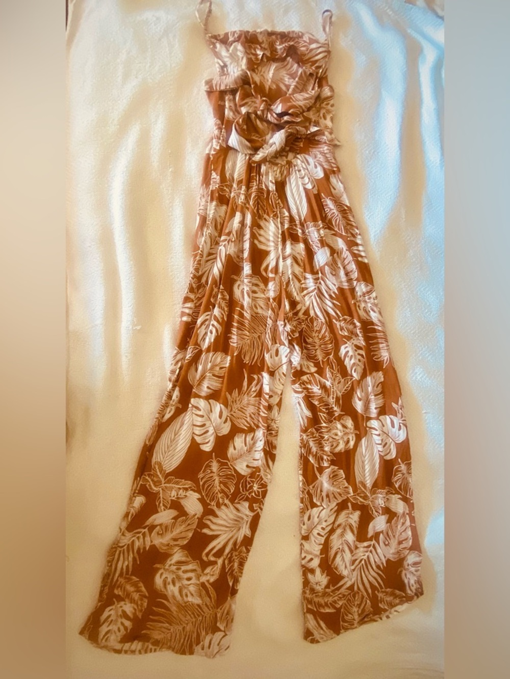 Moon River Terracotta Leaf Wide-Leg Jumpsuit with Pockets - Picture 6 of 9